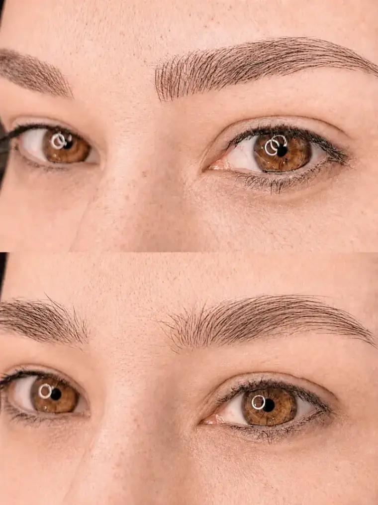 Antes e depois de micropigmentação nanofios com aspecto natural