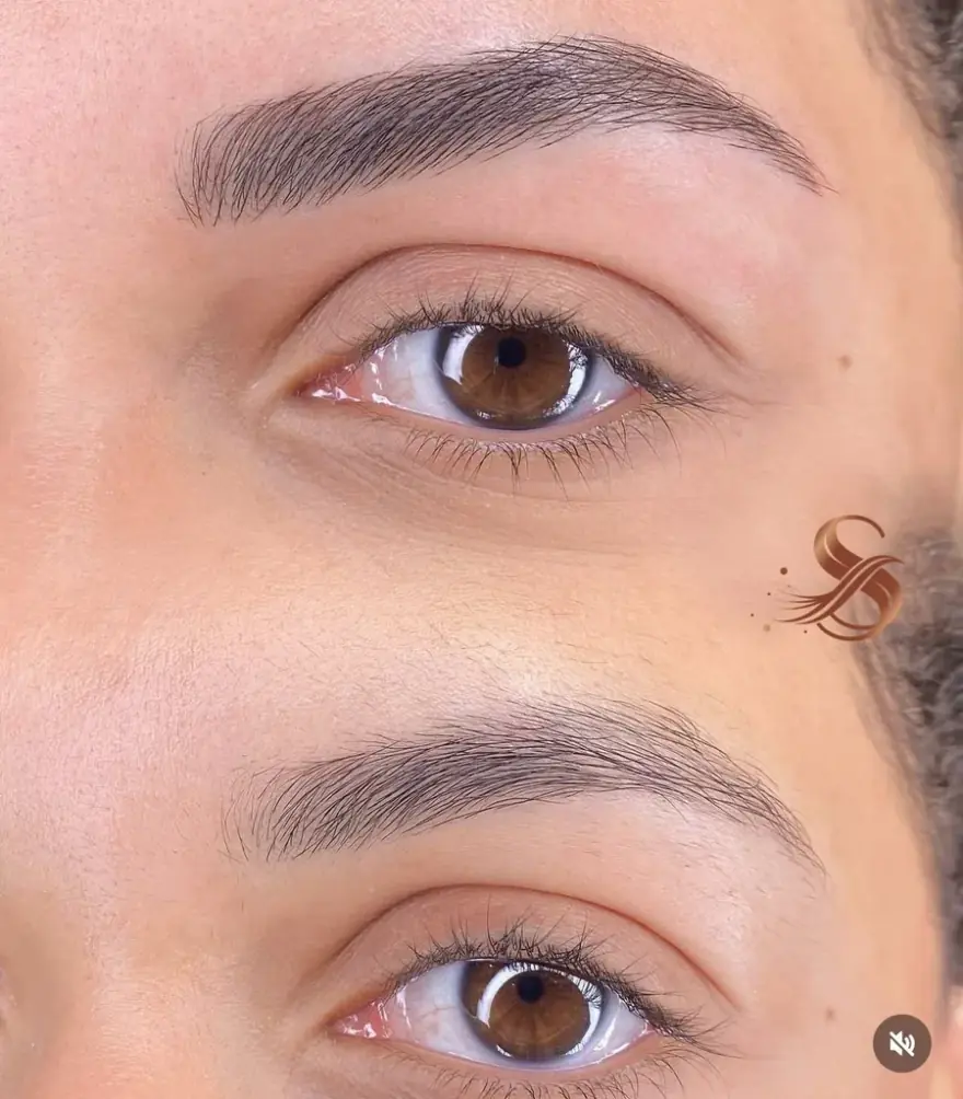Antes e depois de micropigmentação nanofios Magic Brows: fios realistas que acompanham o pelo natural
